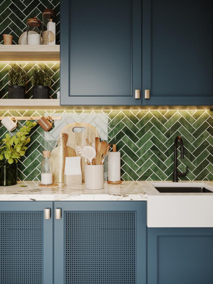 Modern kitchen with distinctive pattern wall panels