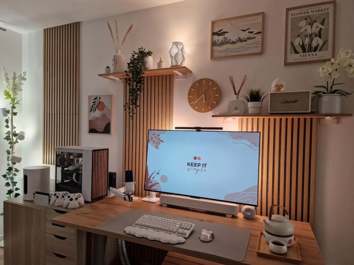 Gaming setup with three vertical slat wall panels creating a textured backdrop, complemented by floating shelves above