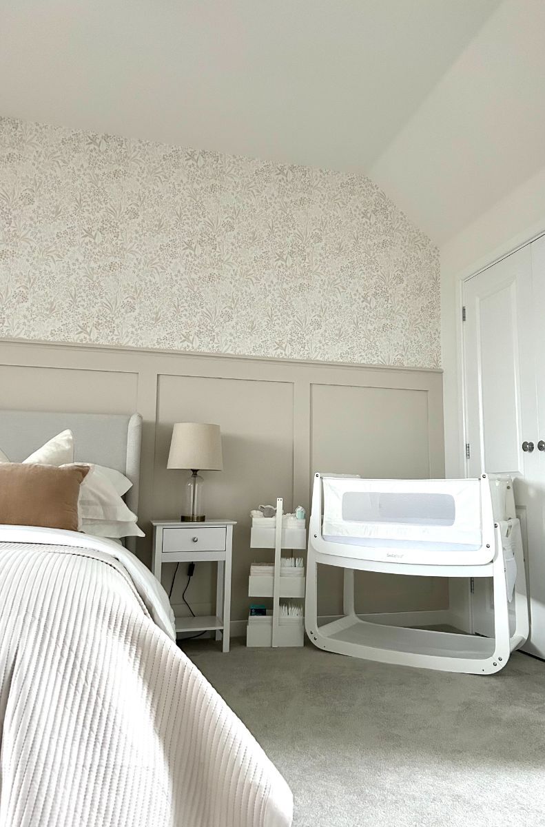 Another view of a bedroom with half-wall shaker panelling from a different angle