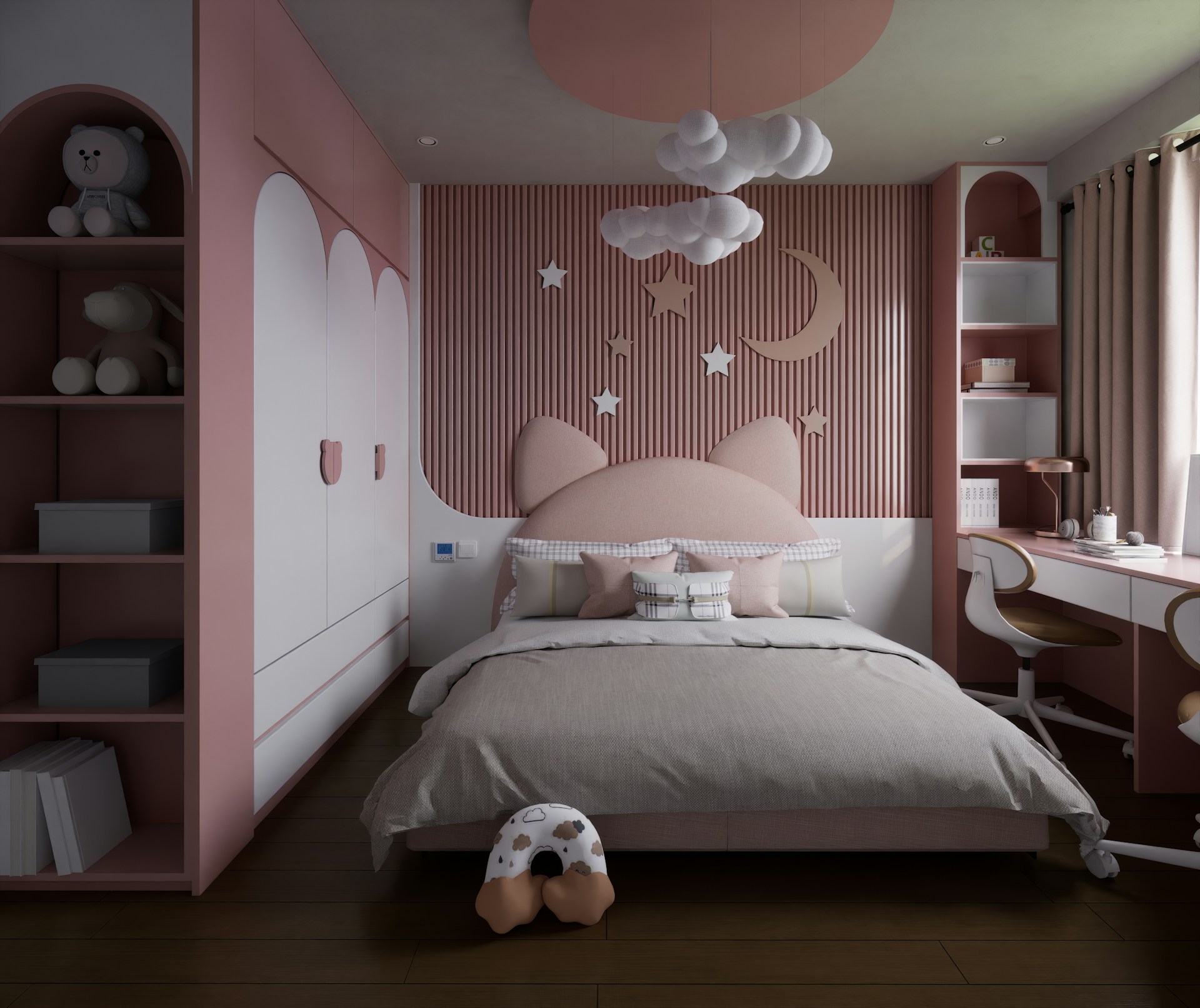 Soft pink vertical slat panelling in child's bedroom with cloud-shaped shelving and white furniture