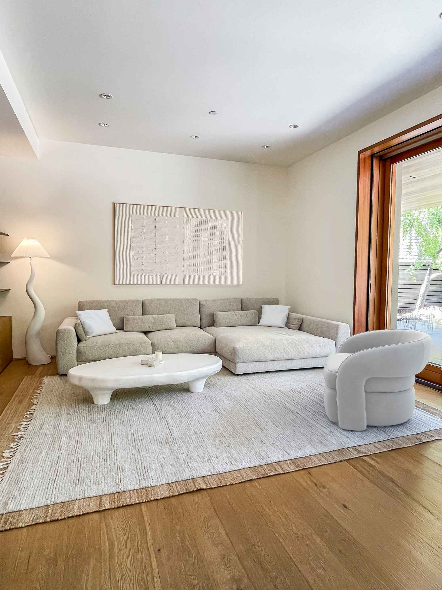 Eco-friendly Japandi living room featuring sustainable materials, neutral palette and minimal design aesthetic
