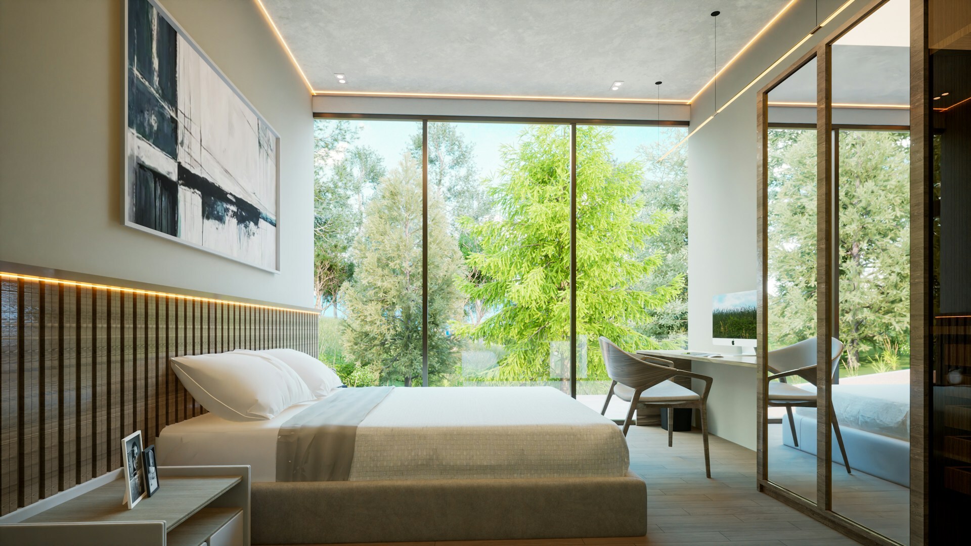 White high-gloss vertical slat panelling with wide spacing behind minimalist modern bed