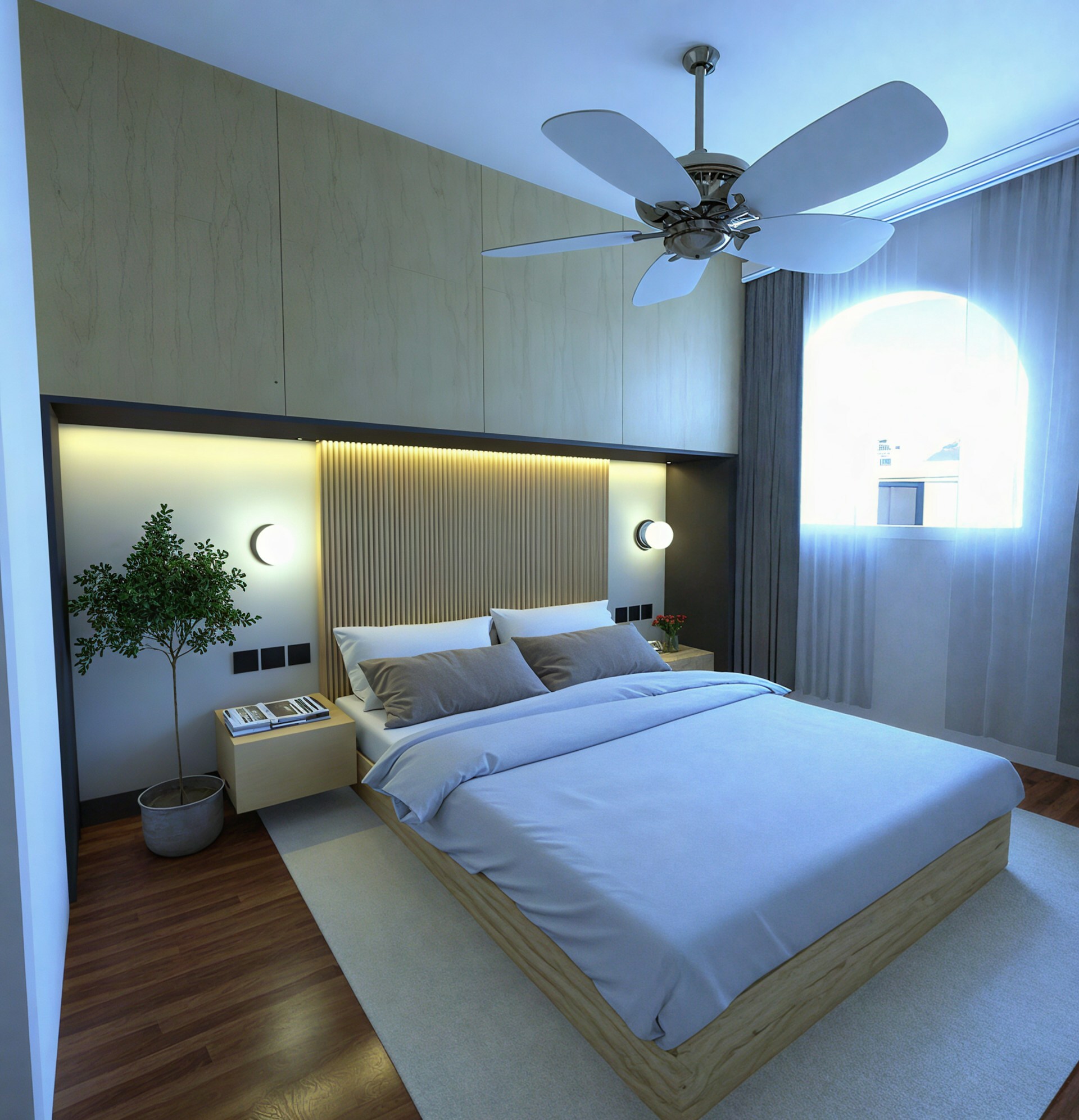 Grey and wood slat panelling with warm LED backlighting behind bed in modern bedroom