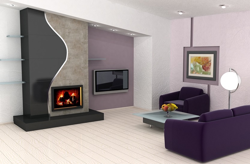 Curved media wall with integrated electric fireplace and television, set against deep-purple lounge décor.