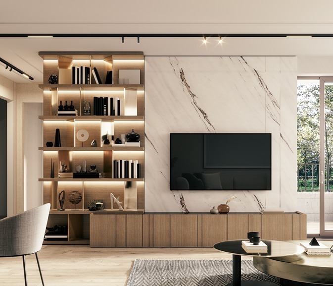 Back-lit marble-slab media wall incorporating illuminated display shelves.