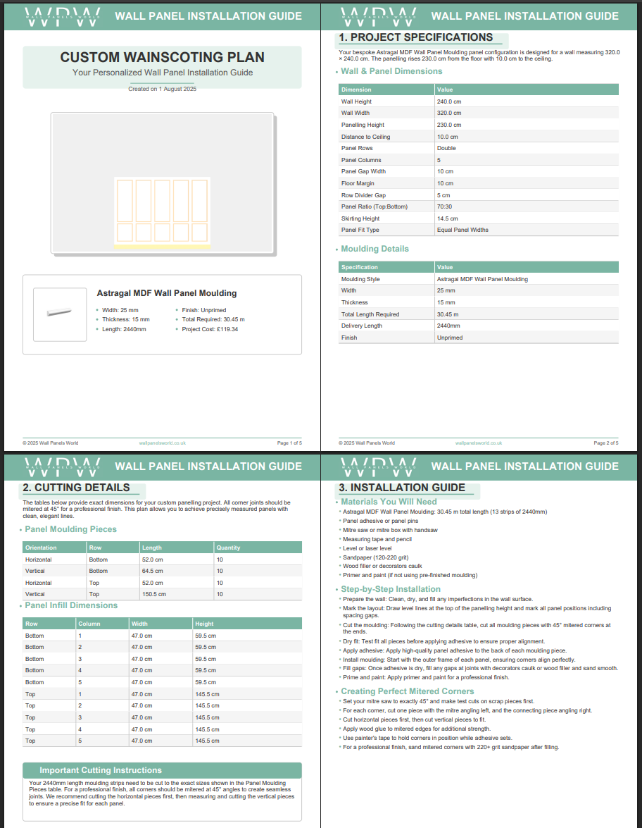 PDF installation guide showing measurements and cutting list