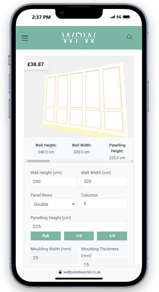 Wainscoting calculator mobile interface