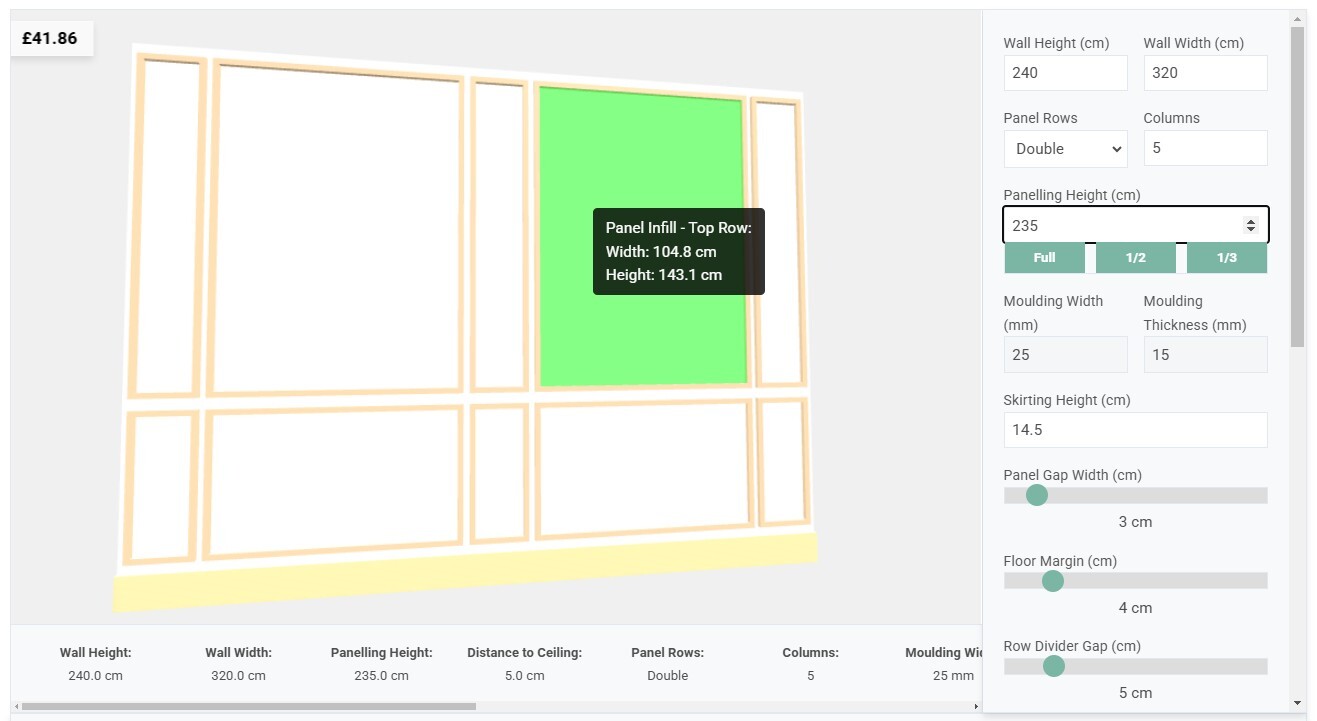3D wall panel calculator interface showing measurement tools and visualization