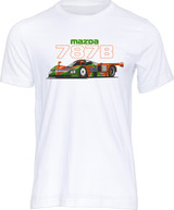 The Mazda 787B had all the ingredients to be a winning car and a fan favourite, thanks to its reliable and screaming R26B rotary engine and it's eye-catching and lairy orange and green livery.  And in 1991, it made motorsport history by becoming the first Japanese car to win the Le Mans 24 Hour race at the hands of Johnny Herbert, Bertrand Gachot and Volker Weidler.  This t-shirt from the 'Group C Icons' collection, is our tribute to one of the wildest looking and sounding sportscars to compete in the Group C era.