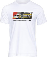 The ‘Group B’ International Motorsports Category was conceived in the late 1970s as a return to the ‘good old days’ when amateur and factory teams alike could run the same production-based cars in either sports car racing or championship rally events.

By the early 1980s the class had become the ‘Godzilla’ of the rally scene and what resulted were the most awesome cars ever seen on the rally stages of the world - 600 horsepower, 4WD, turbocharged monsters that could cover forest, tarmac or gravel stages faster than anything ever seen before or since.

One of the great Group B monsters of the era was the Audi Sport Quattro S1, which was revolutionary at the time and stood out from the crowd with it's huge rear wing, bulging wheel arches and a shorter wheel-base than it's predecessor.  This t-shirt is our tribute to one of the greatest rally cars ever made from the most spectacular era of rally sport competition.