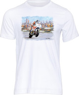 This wonderful artwork perfectly demonstrates Guy’s determination to win, showing him blasting past the TT Grandstand on his Hydrex Honda Superbike in pursuit of the ultimate prize – the Senior TT.