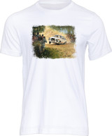This beautifully realised painting on a t-shirt depicts rally legend Ari Vatanen pushing the limits of his Ford Escort RS1800 in the Portuguese stage of the 1978 World Championship Rally at Sintra.