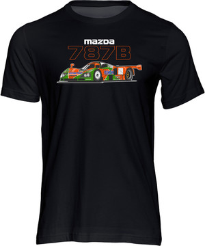 The Mazda 787B had all the ingredients to be a winning car and a fan favourite, thanks to its reliable and screaming R26B rotary engine and it's eye-catching and lairy orange and green livery.  And in 1991, it made motorsport history by becoming the first Japanese car to win the Le Mans 24 Hour race at the hands of Johnny Herbert, Bertrand Gachot and Volker Weidler.  This t-shirt from the 'Group C Icons' collection, is our tribute to one of the wildest looking and sounding sportscars to compete in the Group C era.
