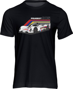 Technically advanced, the Peugeot 905, with its carbon fibre chassis and light alloy naturally aspirated V10 engine, was developed during 1990 by Peugeot Talbot Sport with the intention of competing in the 1991 World Sportscar Championship under its new regulations. 

Initially, the car suffered from a lack of outright pace against the top performing Jaguar XJR-14 Group C car and it had reliability issues that cost it any chance of winning the 1991 title. However, during 1991 the car was revamped in the aerodynamic and engine department to create the 905B and in 1992, it was a revelation, winning every race but one over the season, including the Le Mans 24 hour race.  And then in the 1993, 905B swept the board at Le Mans, locking out the podium positions.  This t-shirt from the 'Group C Icons' collection, is our tribute to Peugeot's contribution to a fantastic era in four-wheeled motorsport and to a car that marked some of the highest levels of technical innovation in World Sportscar racing.