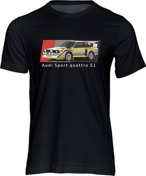 The ‘Group B’ International Motorsports Category was conceived in the late 1970s as a return to the ‘good old days’ when amateur and factory teams alike could run the same production-based cars in either sports car racing or championship rally events.

By the early 1980s the class had become the ‘Godzilla’ of the rally scene and what resulted were the most awesome cars ever seen on the rally stages of the world - 600 horsepower, 4WD, turbocharged monsters that could cover forest, tarmac or gravel stages faster than anything ever seen before or since.

One of the great Group B monsters of the era was the Audi Sport Quattro S1, which was revolutionary at the time and stood out from the crowd with it's huge rear wing, bulging wheel arches and a shorter wheel-base than it's predecessor.  This t-shirt is our tribute to one of the greatest rally cars ever made from the most spectacular era of rally sport competition.