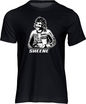 Barry Sheene MBE was probably the most famous two-wheeled star to have ever come out of Britain and the cheeky cockney was an inspiration to millions of motorcycle racing fans. There were other British champions who achieved more on the track, but the articulate, witty and confident ‘Bazza’ brought his successes to the attention of the British public – and they took him to their hearts. He was equally famous for overcoming his numerous crashes – at one time he had metal plates in both knees, 28 screws in his legs and a bolt in his left wrist!  This t-shirt is our tribute to one of the Bike GP greats and a motorcycle legend who is sorely missed.