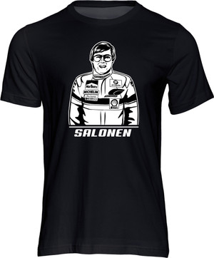 A retro stencil art style t-shirt featuring 1985 World Rally Champion Timo Salonen.
