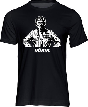 Stencil art style t-shirt featuring the 1980 (Fiat) and 1982 (Opel) World Rally Champion, Walter Röhrl.