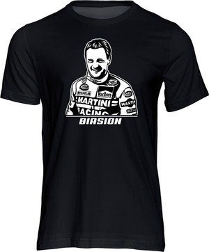 Stencil art style t-shirt featuring double World Rally Champion for Lancia in 1988 and 1989 - Miki Biasion.