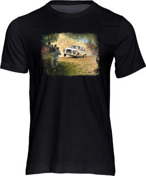 This beautifully realised painting on a t-shirt depicts rally legend Ari Vatanen pushing the limits of his Ford Escort RS1800 in the Portuguese stage of the 1978 World Championship Rally at Sintra.