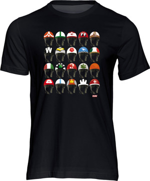 This retro T-shirt celebrates classic motorcycle racing helmets spanning the golden years of the post war Grand Prix racing.