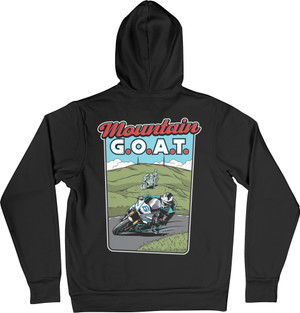 Our Mountain G.O.A.T. hoodie celebrates Michael’s achievement and the changing of the guard at the Isle of Man TT from one legendary Dunlop to another!