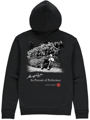Multiple World Champion Geoff Duke in action on the course where he made his name and which he loved best, pictured on this high quality hoodie from Powersport Legends.