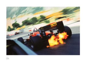 Limited edition, high quality photographic print by renowned Formula One photographer Rainer Schlegelmilch which depicts Stefan Johansson's Ferrari spitting flames at the 1985 Monaco Grand Prix.
