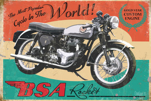 Awesome vintage advert style metal sign featuring the mighty BSA Rocket Goldstar.
