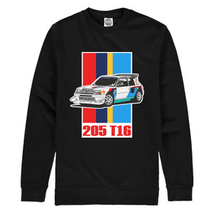 The 'Peugeot 205 T16', was the most succesful car in the Group B era, winning 16 rounds out of 26 entries and winning the manufacturer's title in 1985 and 1986.   This sweatshirt from powersport legends is our tribute to an iconic Group B rally legend.