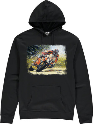 This painting captures McGuinness on board the HM Plant Honda Superbike which carried him to his 13th TT victory during the Centenary TT Celebrations in 2007. This was also the machine on which McGuinness became the first man ever to lap the TT course at more than 130mph, with an average speed of 130.354mph.