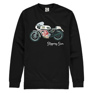 Our Slippery Sam sweatshirt pays tribute to this iconic bike and is a must have for any fan of the legendary machine and the great era of motorcycle racing that it thrived in.