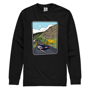 Ari Vatanen’s infamous “Dear God!” moment at the 1983 Manx International Rally captured on this great sweatshirt.