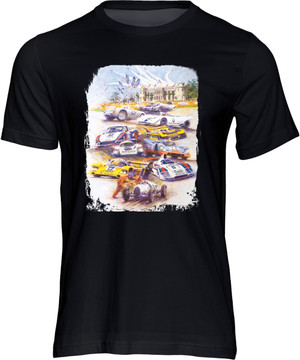 The Official 1998 Goodwood Festival of Speed poster printed on to a high quality t-shirt. World renowned motorsport artist Peter Hearsey has produced many of the official Festival of Speed posters and this is one of the most memorable.  1998 saw the festival celebrate the incredible motor racing achievements of Stuttgart's most famous export.