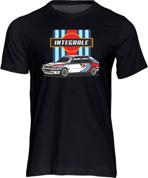 The Lancia Delta Integrale, the world's most successful rally car that won six world titles in six years.  This t-shirt is our tribute to one of the great 'Group A' rally legends.