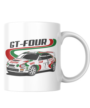 With this stylish mug, you can celebrate one of the great homologation specials of the 1990s "Group A" rally era, the Toyota Celica GT-Four (ST185).