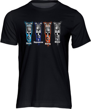 This quality cotton, print-on-demand t-shirt celebrate the mechanical marvel that is the four-stroke engine with it's Suck, Squeeze, Bang, Blow "Otto" cycle.