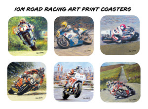 This Isle of Man Road Racing Art Print Coaster Set showcases six of the modern greats of motorcycle road racing including John McGuinness, David Jefferies, Michael Dunlop, Jey Dunlop, Guy Martin and Steve Hislop.  This is perfect gift for anyone's man cave or kitchen, who wants to show off their love of road racing with some fantastic art by renowned artist Peter Hearsey.
