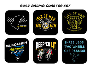 This six-piece coaster set celebrates the incredble sport of motorcycle road racing and includes a selection of stylish Isle of Man road racing designs, plus a classic "Keep 'Er Lit" design featuring Joey Dunlop and Ray McCullough.