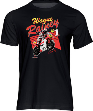 Wayne Rainey looked set to dominate GP racing as Agostini did in the late-'60s and early-'70s until fate intervened.  A career ending crash at Misano in 1993 brought to an end a remarkable run of three back-to-back World Championships in an era when competition for the crown was stronger than ever. Celebrate this great Bike GP hero with this stylish t-shirt from Powersport Legends!