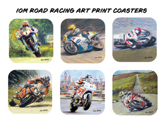 This Isle of Man Road Racing Art Print Coaster Set showcases six of the modern greats of motorcycle road racing including John McGuinness, David Jefferies, Michael Dunlop, Jey Dunlop, Guy Martin and Steve Hislop.  This is perfect gift for anyone's man cave or kitchen, who wants to show off their love of road racing with some fantastic art by renowned artist Peter Hearsey.