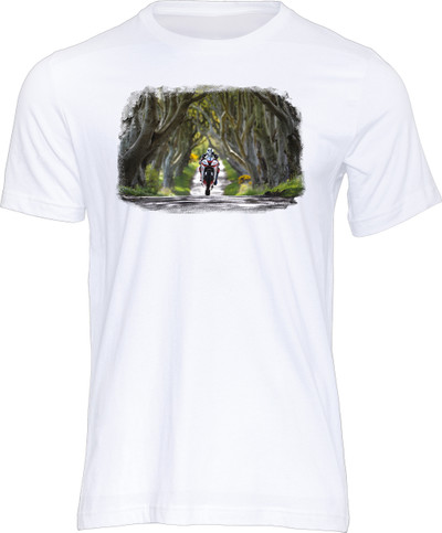 This iconic image of Michael Dunlop on a 'wee morning run' on the Dark Hedges road in County Antrim epitomises the appeal of road racing in Ireland.