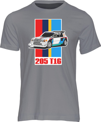 The ‘Group B’ International Motorsports Category was conceived in the late 1970s as a return to the ‘good old days’ when amateur and factory teams alike could run the same production-based cars in either sports car racing or championship rally events.

By the early 1980s the class had become the ‘Godzilla’ of the rally scene and what resulted were the most awesome cars ever seen on the rally stages of the world - 600 horsepower, 4WD, turbocharged monsters that could cover forest, tarmac or gravel stages faster than anything ever seen before or since.

One such "Group B" monster, the 'Peugeot 205 T16', was the most succesful car in the Group B era, winning 16 rounds out of 26 entries and winning the manufacturer's title in 1985 and 1986.   This t-shirt from the powersport gods collection is our tribute to an iconic Group B rally legend.