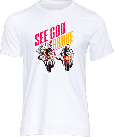 Round six of the 1991 World Bike GP Championship at Hockenheim featured a truly breathtaking battle for supremacy in the 500cc class and Wayne Rainey (Marlboro Yamaha) and Kevin Schwantz (Lucky Strike Suzuki) took the race down to the wire as they pushed themselves and their mighty two-stroke machines to the absolute limit!

On the final lap with only a few corners left to make his move, Schwantz made a spectacular late-braking pass on Rainey to take the lead and the race win.

Schwantz was later famously quoted as saying that he had to “See God, then brake”, such was the level of bravery and faith required to make such an audacious overtake on his rival.

This new t-shirt design is our tribute to two motorcycle racing legends and to one of the great Bike Grand Prix battles of the two-stroke racing era!