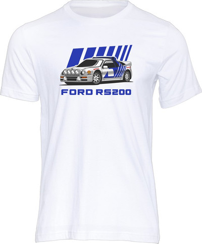 The ‘Group B’ International Motorsports Category was conceived in the late 1970s as a return to the ‘good old days’ when amateur and factory teams alike could run the same production-based cars in either sports car racing or championship rally events.

By the early 1980s the class had become the ‘Godzilla’ of the rally scene and what resulted were the most awesome cars ever seen on the rally stages of the world - 600 horsepower, 4WD, turbocharged monsters that could cover forest, tarmac or gravel stages faster than anything ever seen before or since.

One such "Group B" monster was Ford's own supercar, the RS200 and it was destined to be the most successful of the Group B category if the FIA hadn't banned the category.  This t-shirt from the powersport gods collection is our tribute to an iconic Group B rally legend.