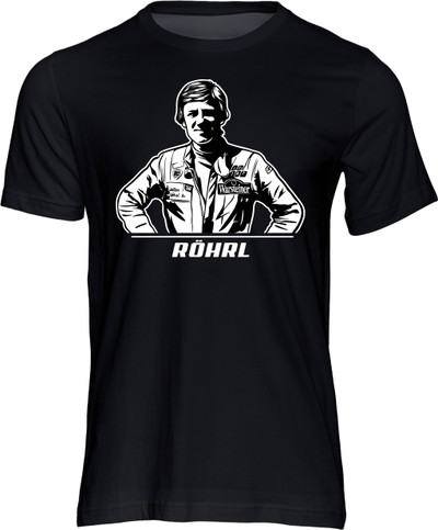Stencil art style t-shirt featuring the 1980 (Fiat) and 1982 (Opel) World Rally Champion, Walter Röhrl.