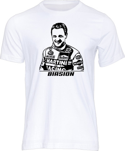 Stencil art style t-shirt featuring double World Rally Champion for Lancia in 1988 and 1989 - Miki Biasion.