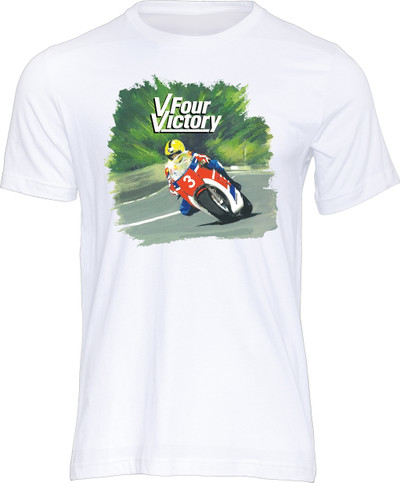 Powersport Legends presents this retro road racing t-shirt, featuring the most successful Isle of Man TT rider ever, Joey Dunlop OBE, riding the RS850R V-Four Honda.
