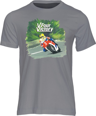 Powersport Legends presents this retro road racing t-shirt, featuring the most successful Isle of Man TT rider ever, Joey Dunlop OBE, riding the RS850R V-Four Honda.