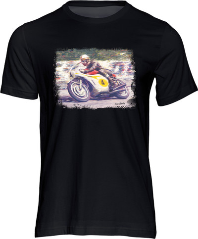Mike Hailwood M.B.E. G.M., one of the all-time-greats of motorcycle sport history, depicted here at Quarterbridge in 1967 on the 500cc Honda-4. This race - the Senior TT - gave him his 12th TT win and completed his second hat-trick of victories.